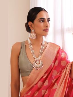 SWABHIMANN - Pink Debariya Kundan Long Necklace And Earrings
