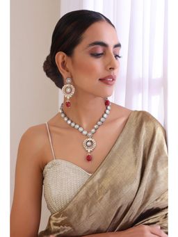 SWABHIMANN - Red Twamev Ruby Silver Polki Pendant Necklace And Earrings