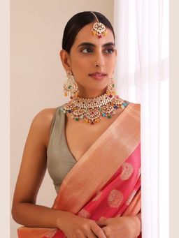 SWABHIMANN - Multicolor Filori Navratana Polki Choker Necklace With Earrings And Maang Tikka