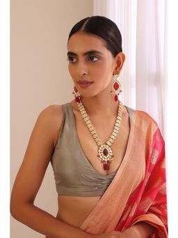 SWABHIMANN - Red Saanvi Ruby Polki Long Necklace And Earrings
