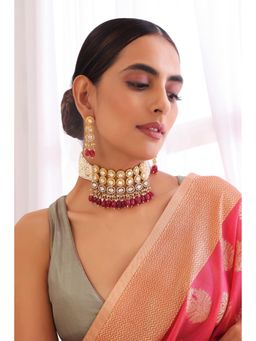 SWABHIMANN - Red Sarwa Polki And Pearl Choker And Earrings