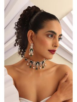 SWABHIMANN - Multicolor Soma Emerald Polki Choker And Earrings