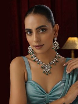 SWABHIMANN - Green Ova Polki Pendant Necklace And Earrings