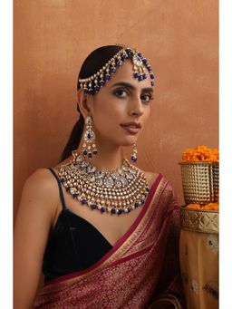 SWABHIMANN - Blue Latika Blue Kundan Necklace With Earrings And Matha Patti