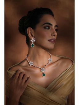 SWABHIMANN - Green Ubika Emerald Polki Necklace And Earrings