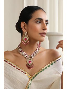 SWABHIMANN - Red Iqra Polki Long Necklace And Earrings