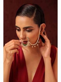SWABHIMANN - Green Krishm Kundan And Pearl Nose Ring