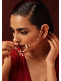 SWABHIMANN - Red Naureen Kundan And Pearl Nose Ring With Chain