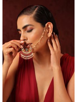 SWABHIMANN - Red Enakshi Kundan And Pearl Nose Ring