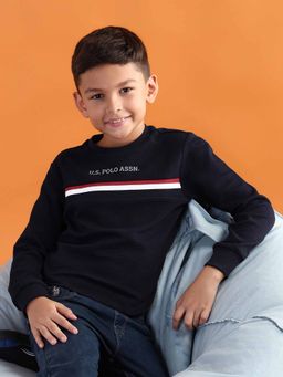U.S. POLO ASSN. - Boys Navy Blue Cotton Graphic Full Sleeves Crew Neck Sweatshirt