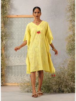 Lakshita - Lemon Yellow Schiffli Women Cotton Kaftan