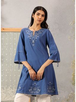 Lakshita - Women Rose Blue Embroidered Cotton Linen Kurti