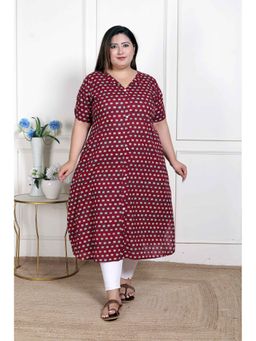 Miravan - Plus Size Relaxed Fit Red Floral Printed A-Line Pure Cotton Kurta