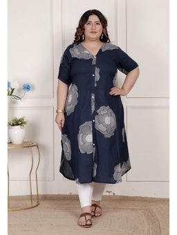Miravan - Plus Size Blue Printed A-Line Kurta