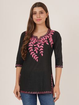 Brownverse - Pure Cotton Women Black Embroidered Kashmiri Kurti