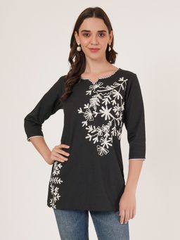 Brownverse - Pure Cotton Women Embroidered Black Kashmiri Kurti