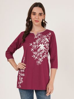 Brownverse - Wine Pure Cotton Women Embroidered Kashmiri Kurti