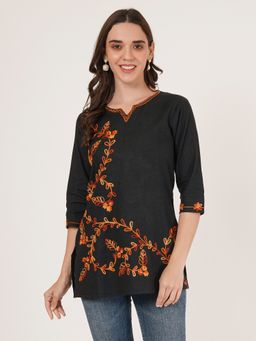 Brownverse - Black Pure Cotton Women Embroidered Kashmiri Kurti