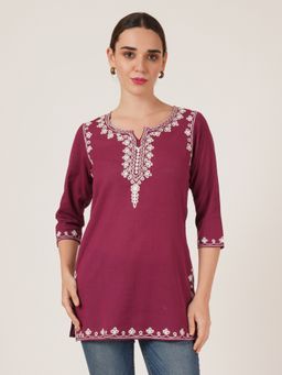 Brownverse - Pure Cotton Women Wine Embroidered Kashmiri Kurti