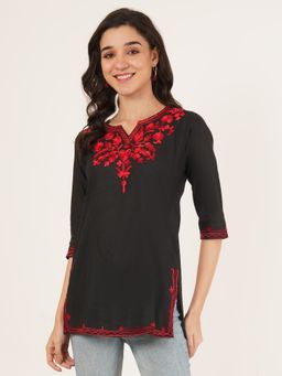 Brownverse - Pure Cotton Women Embroidered Black Kashmiri Kurti