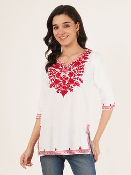 Brownverse - Pure Cotton White Embroidered Kashmiri Kurti