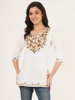 Brownverse - White Pure Cotton Women Embroidered Kashmiri Kurti