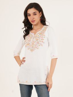 Brownverse - Pure Cotton Women Embroidered White Kashmiri Kurti
