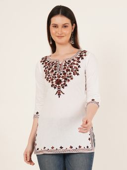 Brownverse - White Pure Cotton Embroidered Kashmiri Kurti