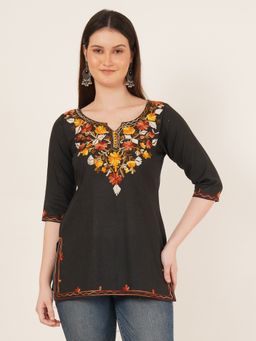 Brownverse - Pure Cotton Black Embroidered Kashmiri Kurti
