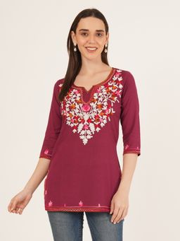 Brownverse - Pure Cotton Women Embroidered Wine Kashmiri Kurti