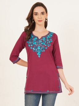 Brownverse - Pure Cotton Wine Women Embroidered Kashmiri Kurti