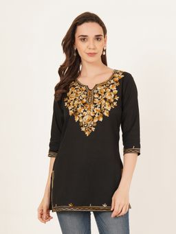 Brownverse - Pure Cotton Embroidered Black Kashmiri Kurti