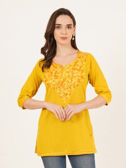 Brownverse - Pure Cotton Women Yellow Embroidered Kashmiri Kurti