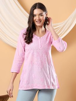 Poshak Chikan Studio - Women Pink Hand Embroidered Chikankari Cotton Solid Short Kurti