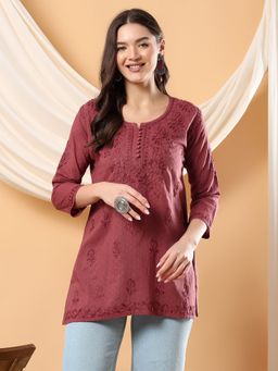Poshak Chikan Studio - Women Brown Hand Embroidered Chikankari Cotton Short Kurti