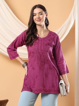 Poshak Chikan Studio - Women Wine Hand Embroidered Chikankari Cotton Solid Short Kurti