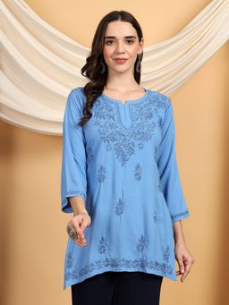 Poshak Chikan Studio - Women Blue Hand Embroidered Chikankari Rayon Short Kurti