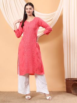 Poshak Chikan Studio - Women Hand Embroidered Chikankari Coral Modal Kurta
