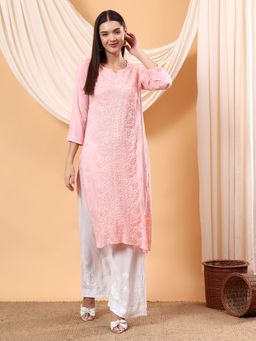 Poshak Chikan Studio - Peach Women Hand Embroidered Chikankari Modal Solid Kurta