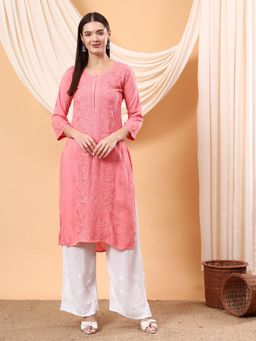 Poshak Chikan Studio - Women Hand Embroidered Chikankari Modal Peach Kurta