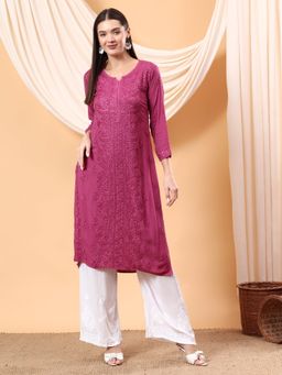 Poshak Chikan Studio - Women Hand Embroidered Wine Chikankari Modal Solid Kurta