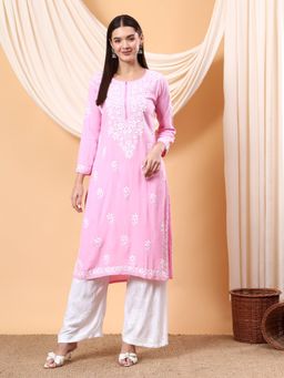 Poshak Chikan Studio - Pink Women Hand Embroidered Chikankari Rayon Kurta