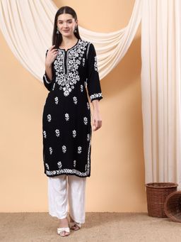 Poshak Chikan Studio - Black Women Hand Embroidered Chikankari Rayon Kurta