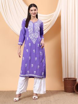 Poshak Chikan Studio - Lavender Women Hand Embroidered Chikankari Rayon Kurta
