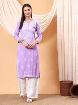 Poshak Chikan Studio - Women Lavender Hand Embroidered Chikankari Rayon Kurta