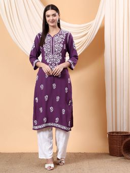 Poshak Chikan Studio - Mauve Women Hand Embroidered Chikankari Rayon Kurta