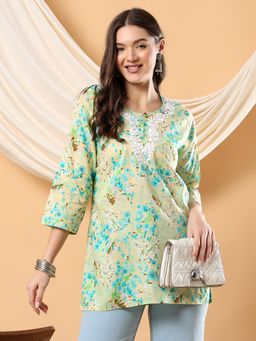 Poshak Chikan Studio - Women Green Hand Embroidered Chikankari Mulmul Print Short Kurti