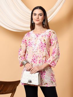 Poshak Chikan Studio - Women Pink Hand Embroidered Chikankari Mulmul Print Short Kurti