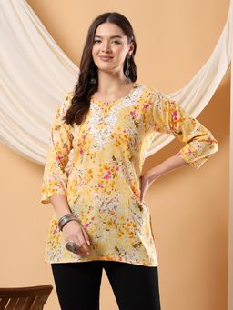 Poshak Chikan Studio - Women Yellow Hand Embroidered Chikankari Mulmul Print Short Kurti