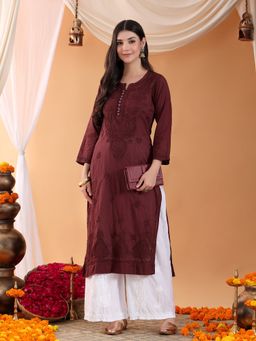 Poshak Chikan Studio - Women Brown Hand Embroidered Chikankari Cotton Solid Kurta